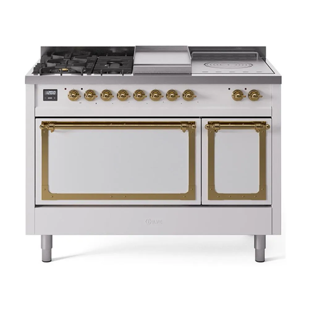 Ilve UN48FSQNMPWHGLP Ilve Un48Fsqnmpwhglp Nostalgie Ii Noblesse 48" Dual Fuel Range (5 Sealed Burners   Griddle   French Top, Liquid Propane, Solid Door, White, Brass) Freestanding Ranges freestanding dual fuel range 30 inch