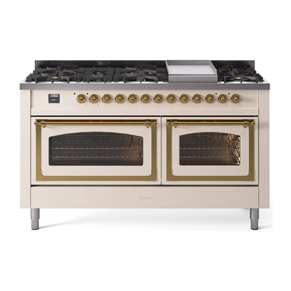Ilve UN60FNMPAWG Ilve Un60Fnmpawg Nostalgie Ii Noblesse 60" Dual Fuel Range (9 Sealed Burners   Griddle, Natural Gas, Triple Glass Door, Antique White, Brass) Professional Ranges dual fuel professional range 36 inch