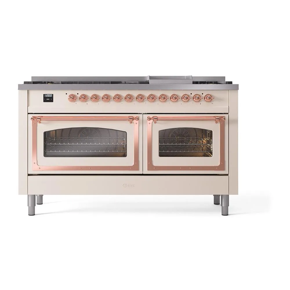 Ilve UN60FNMPAWP Ilve Un60Fnmpawp Nostalgie Ii Noblesse 60" Dual Fuel Range (9 Sealed Burners   Griddle, Natural Gas, Triple Glass Door, Antique White, Copper)