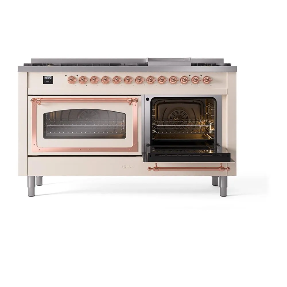Ilve UN60FNMPAWP Ilve Un60Fnmpawp Nostalgie Ii Noblesse 60" Dual Fuel Range (9 Sealed Burners   Griddle, Natural Gas, Triple Glass Door, Antique White, Copper)