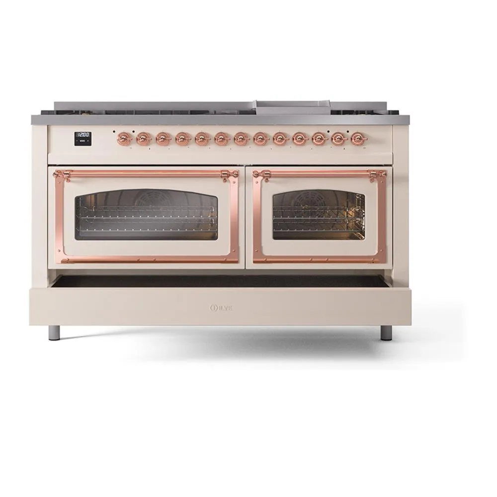 Ilve UN60FNMPAWP Ilve Un60Fnmpawp Nostalgie Ii Noblesse 60" Dual Fuel Range (9 Sealed Burners   Griddle, Natural Gas, Triple Glass Door, Antique White, Copper)