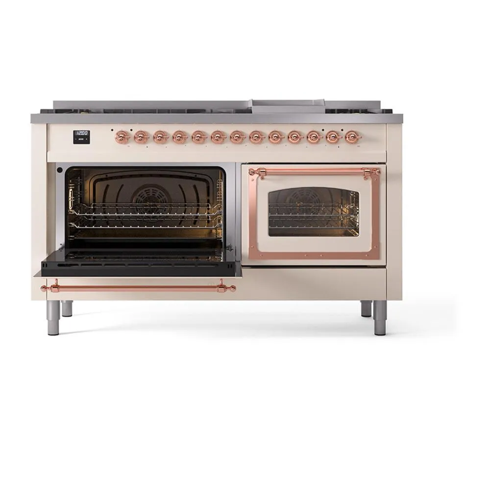 Ilve UN60FNMPAWP Ilve Un60Fnmpawp Nostalgie Ii Noblesse 60" Dual Fuel Range (9 Sealed Burners   Griddle, Natural Gas, Triple Glass Door, Antique White, Copper)