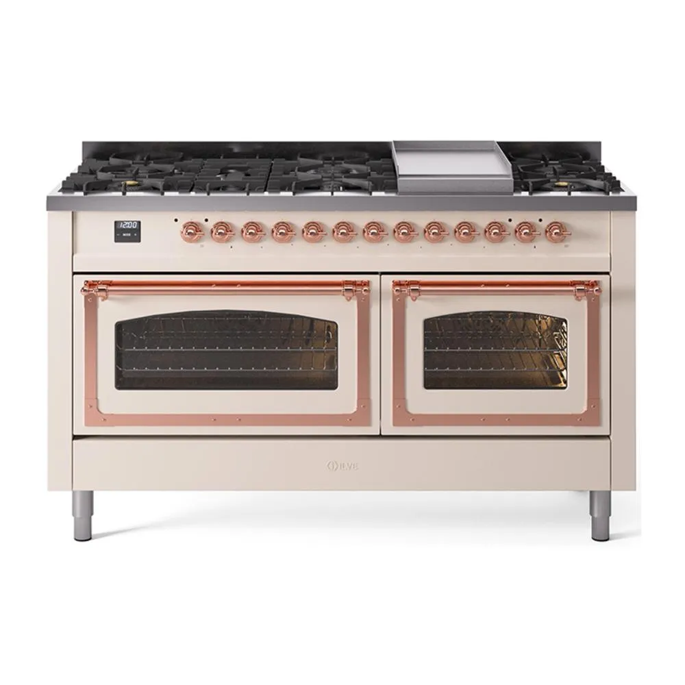 Ilve UN60FNMPAWP Ilve Un60Fnmpawp Nostalgie Ii Noblesse 60" Dual Fuel Range (9 Sealed Burners   Griddle, Natural Gas, Triple Glass Door, Antique White, Copper) Professional Ranges dual fuel professional range 36 inch
