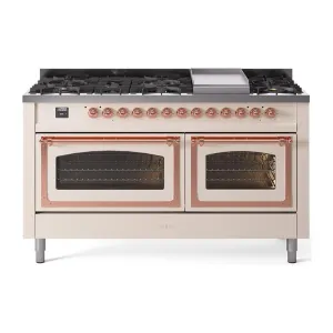 Ilve UN60FNMPAWPLP Ilve Un60Fnmpawplp Nostalgie Ii Noblesse 60" Dual Fuel Range (9 Sealed Burners   Griddle, Liquid Propane, Triple Glass Door, Antique White, Copper) Professional Ranges dual fuel professional range 36 inch
