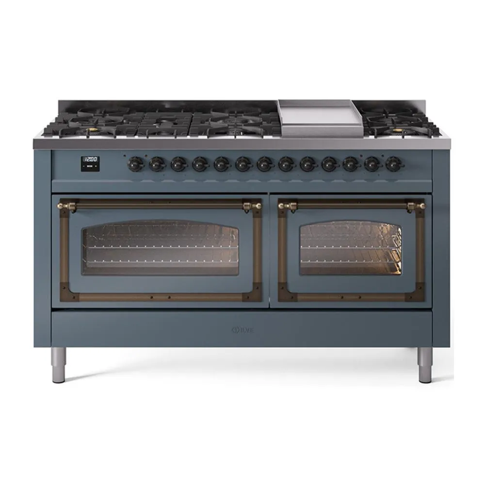 Ilve UN60FNMPBGB Ilve Un60Fnmpbgb Nostalgie Ii Noblesse 60" Dual Fuel Range (9 Sealed Burners   Griddle, Natural Gas, Triple Glass Door, Blue Grey, Burnished) Professional Ranges dual fuel professional range 36 inch