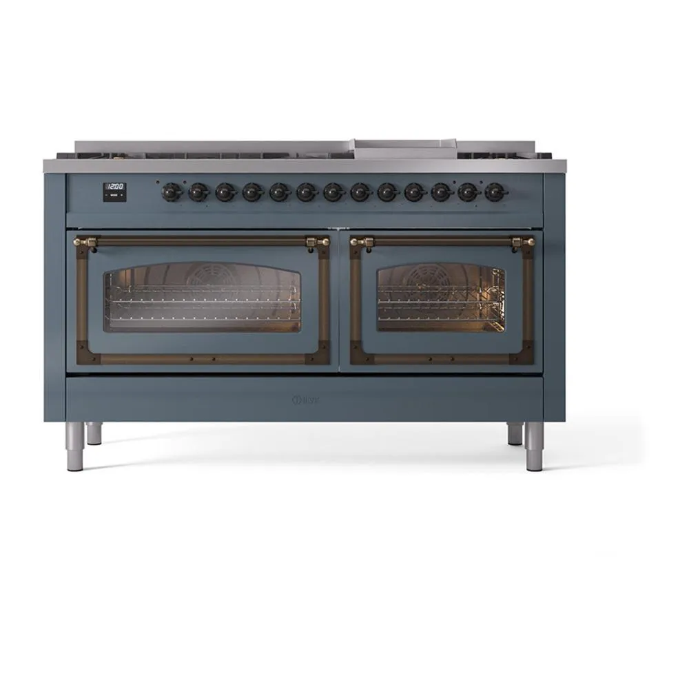 Ilve UN60FNMPBGB Ilve Un60Fnmpbgb Nostalgie Ii Noblesse 60" Dual Fuel Range (9 Sealed Burners   Griddle, Natural Gas, Triple Glass Door, Blue Grey, Burnished)