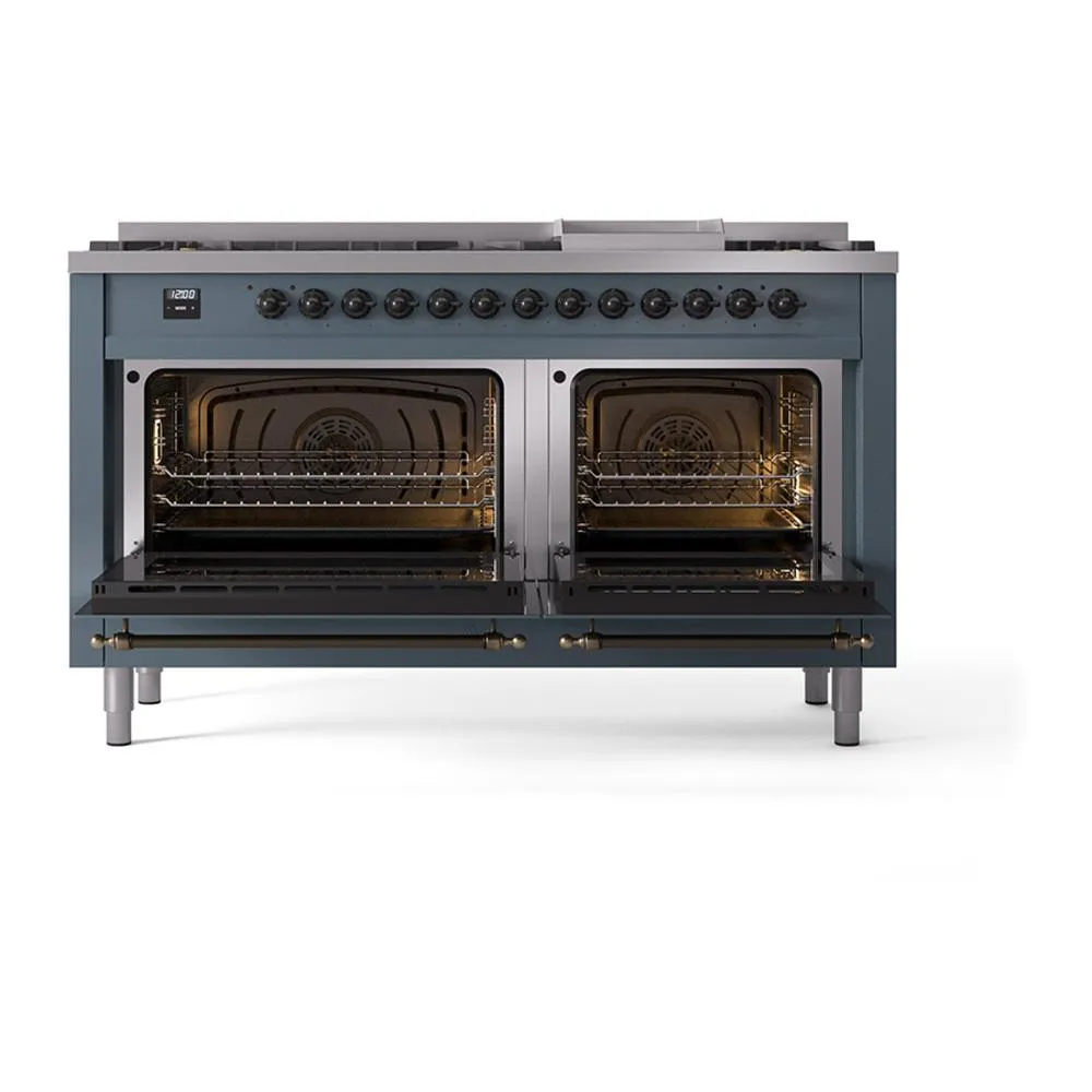 Ilve UN60FNMPBGB Ilve Un60Fnmpbgb Nostalgie Ii Noblesse 60" Dual Fuel Range (9 Sealed Burners   Griddle, Natural Gas, Triple Glass Door, Blue Grey, Burnished)