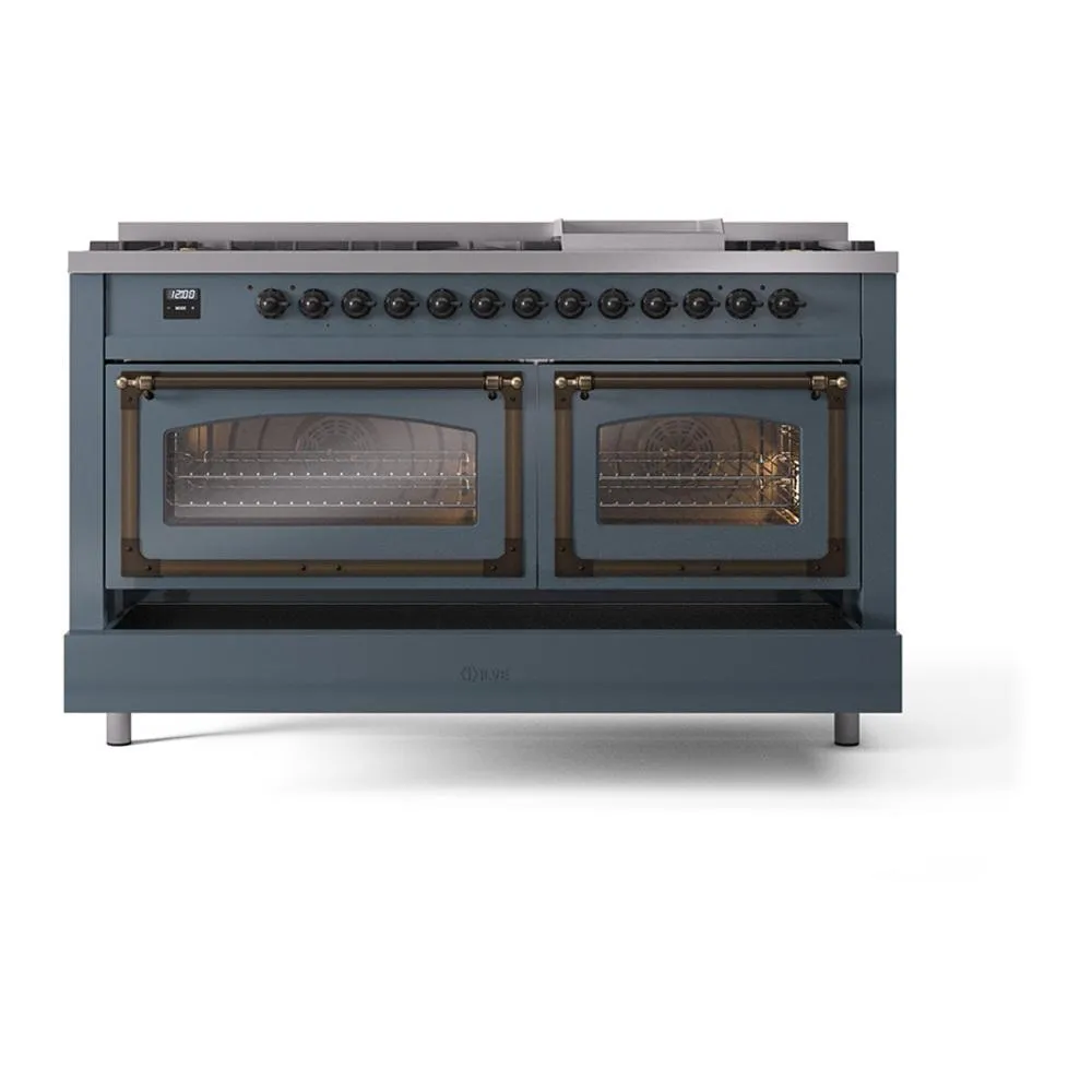 Ilve UN60FNMPBGB Ilve Un60Fnmpbgb Nostalgie Ii Noblesse 60" Dual Fuel Range (9 Sealed Burners   Griddle, Natural Gas, Triple Glass Door, Blue Grey, Burnished)