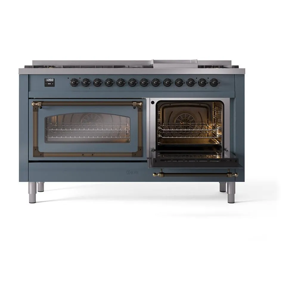 Ilve UN60FNMPBGB Ilve Un60Fnmpbgb Nostalgie Ii Noblesse 60" Dual Fuel Range (9 Sealed Burners   Griddle, Natural Gas, Triple Glass Door, Blue Grey, Burnished)