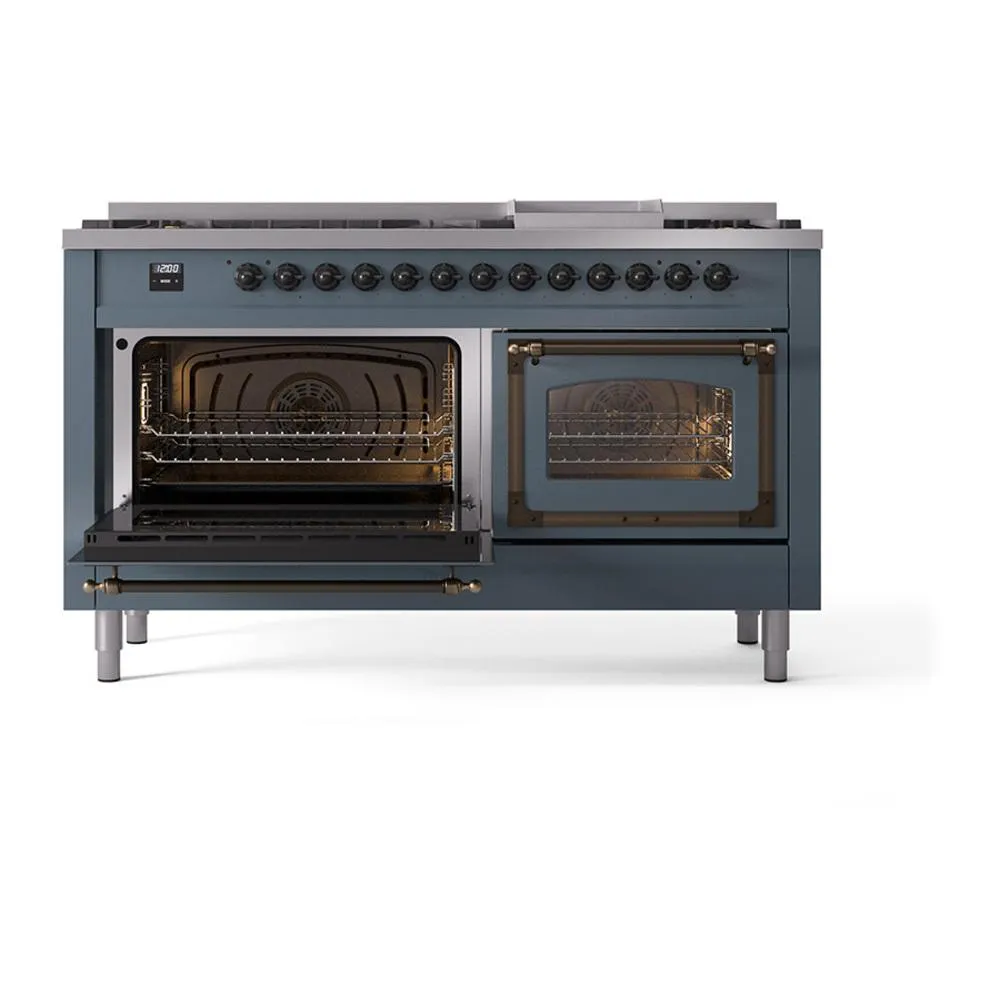 Ilve UN60FNMPBGB Ilve Un60Fnmpbgb Nostalgie Ii Noblesse 60" Dual Fuel Range (9 Sealed Burners   Griddle, Natural Gas, Triple Glass Door, Blue Grey, Burnished)