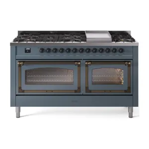 Ilve UN60FNMPBGB Ilve Un60Fnmpbgb Nostalgie Ii Noblesse 60" Dual Fuel Range (9 Sealed Burners   Griddle, Natural Gas, Triple Glass Door, Blue Grey, Burnished) Professional Ranges dual fuel professional range 36 inch
