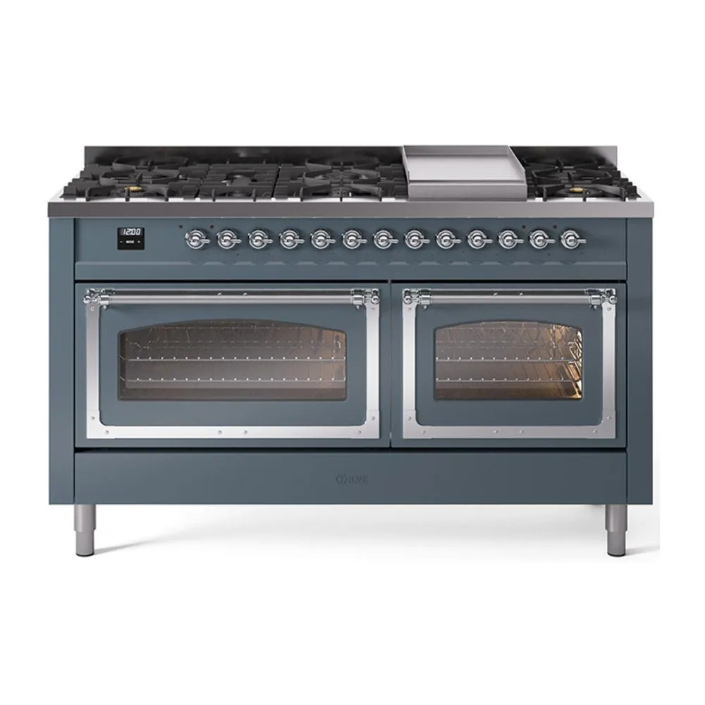 Ilve UN60FNMPBGC Ilve Un60Fnmpbgc Nostalgie Ii Noblesse 60" Dual Fuel Range (9 Sealed Burners   Griddle, Natural Gas, Triple Glass Door, Blue Grey, Chrome) Professional Ranges dual fuel professional range 36 inch