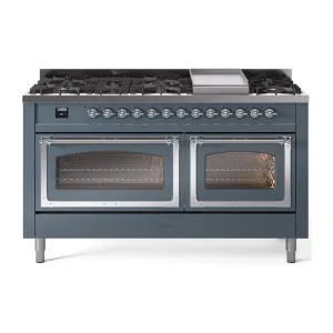 Ilve UN60FNMPBGC Ilve Un60Fnmpbgc Nostalgie Ii Noblesse 60" Dual Fuel Range (9 Sealed Burners   Griddle, Natural Gas, Triple Glass Door, Blue Grey, Chrome) Professional Ranges dual fuel professional range 36 inch