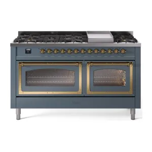 Ilve UN60FNMPBGG Ilve Un60Fnmpbgg Nostalgie Ii Noblesse 60" Dual Fuel Range (9 Sealed Burners   Griddle, Natural Gas, Triple Glass Door, Blue Grey, Brass) Professional Ranges dual fuel professional range 36 inch