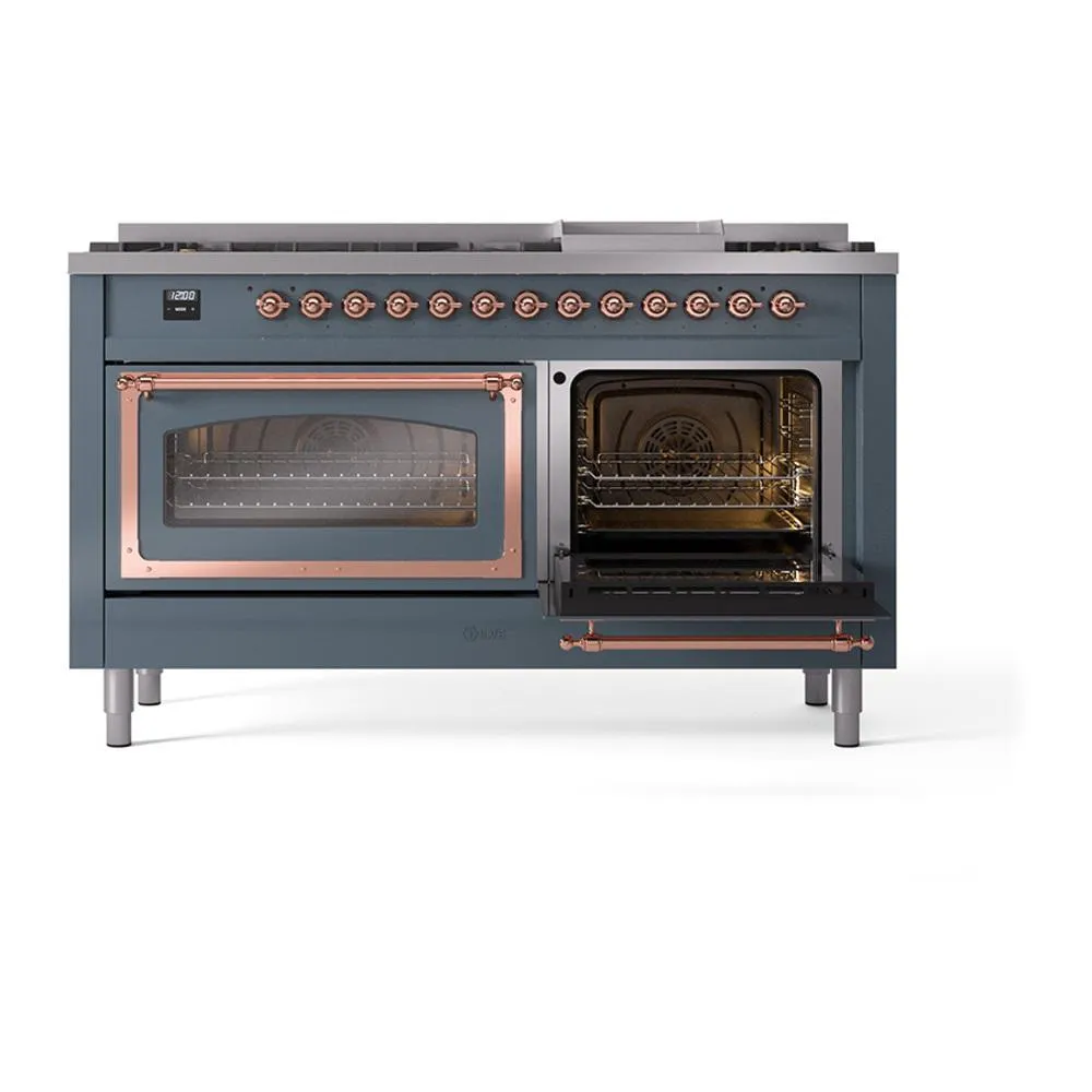 Ilve UN60FNMPBGP Ilve Un60Fnmpbgp Nostalgie Ii Noblesse 60" Dual Fuel Range (9 Sealed Burners   Griddle, Natural Gas, Triple Glass Door, Blue Grey, Copper)
