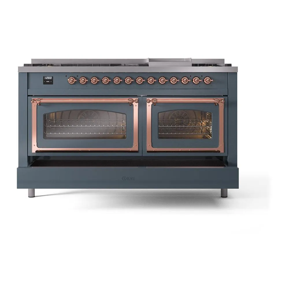 Ilve UN60FNMPBGP Ilve Un60Fnmpbgp Nostalgie Ii Noblesse 60" Dual Fuel Range (9 Sealed Burners   Griddle, Natural Gas, Triple Glass Door, Blue Grey, Copper)