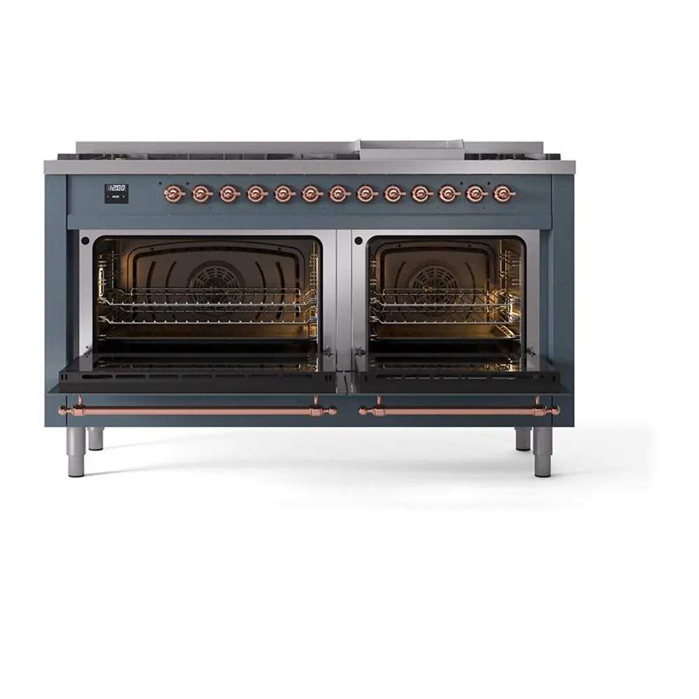 Ilve UN60FNMPBGP Ilve Un60Fnmpbgp Nostalgie Ii Noblesse 60" Dual Fuel Range (9 Sealed Burners   Griddle, Natural Gas, Triple Glass Door, Blue Grey, Copper)