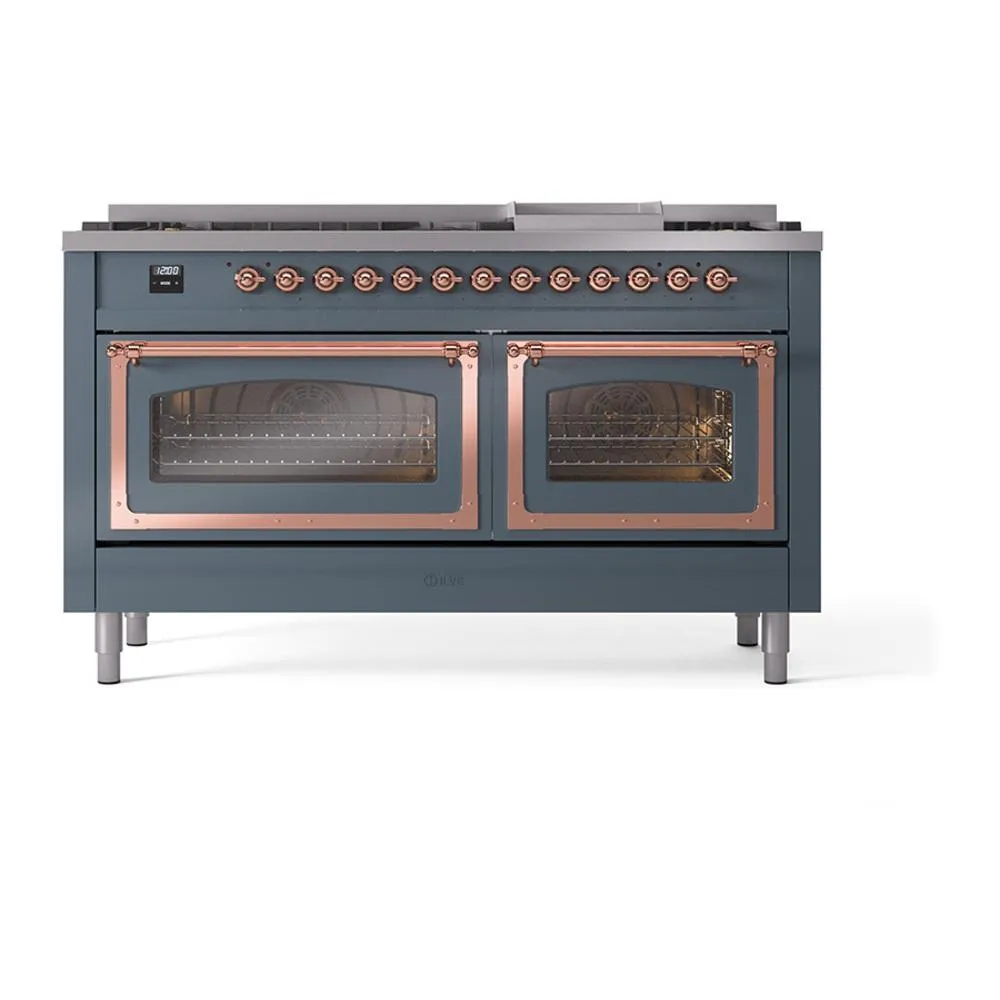 Ilve UN60FNMPBGP Ilve Un60Fnmpbgp Nostalgie Ii Noblesse 60" Dual Fuel Range (9 Sealed Burners   Griddle, Natural Gas, Triple Glass Door, Blue Grey, Copper)