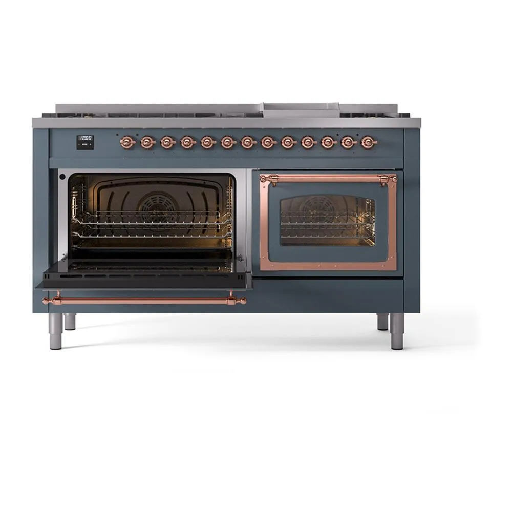 Ilve UN60FNMPBGP Ilve Un60Fnmpbgp Nostalgie Ii Noblesse 60" Dual Fuel Range (9 Sealed Burners   Griddle, Natural Gas, Triple Glass Door, Blue Grey, Copper)