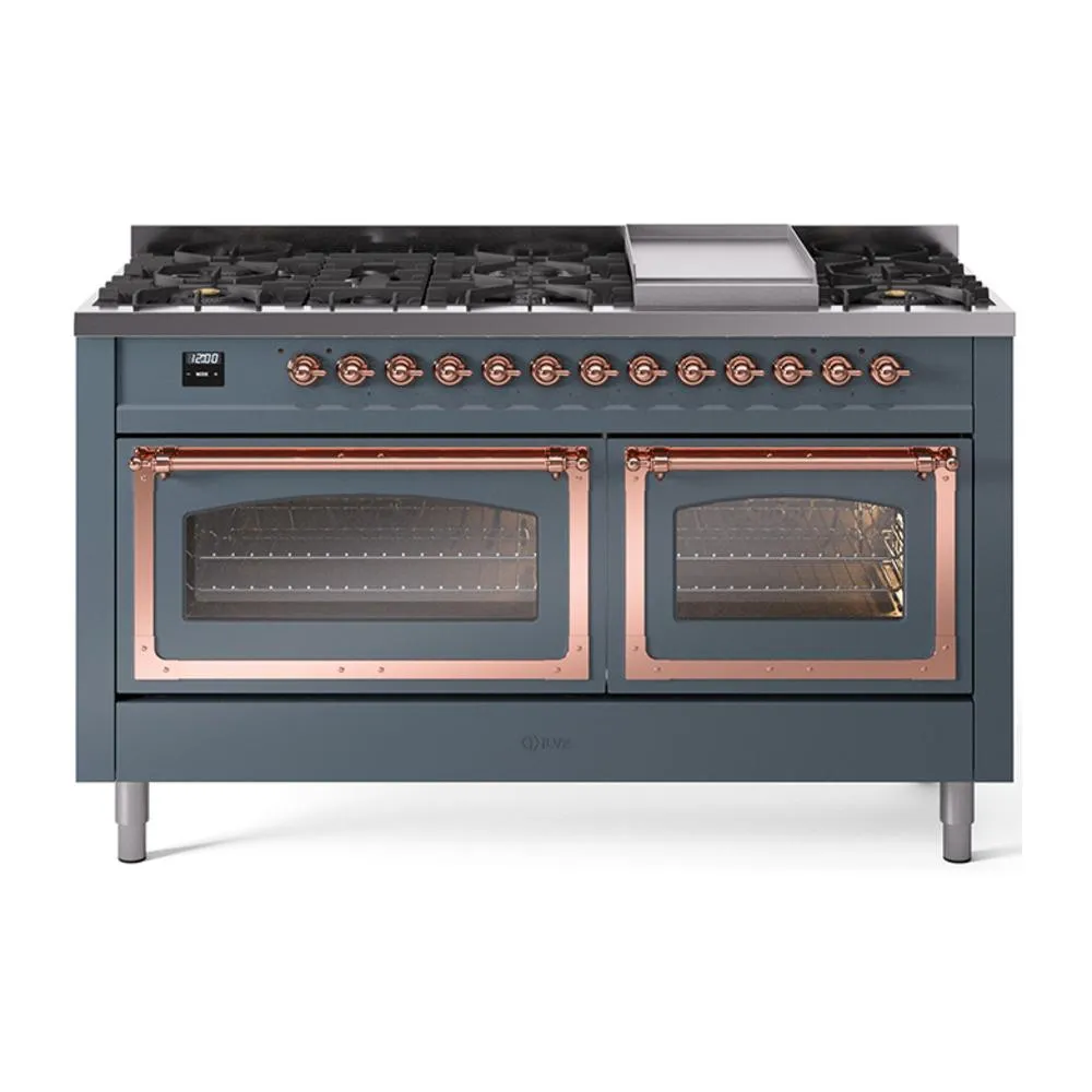 Ilve UN60FNMPBGP Ilve Un60Fnmpbgp Nostalgie Ii Noblesse 60" Dual Fuel Range (9 Sealed Burners   Griddle, Natural Gas, Triple Glass Door, Blue Grey, Copper) Professional Ranges dual fuel professional range 36 inch