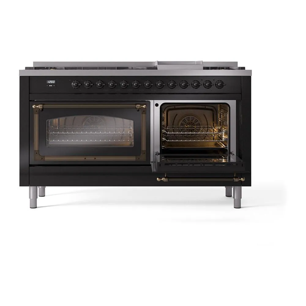 Ilve UN60FNMPBKB Ilve Un60Fnmpbkb Nostalgie Ii Noblesse 60" Dual Fuel Range (9 Sealed Burners   Griddle, Natural Gas, Triple Glass Door, Glossy Black, Burnished)