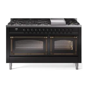 Ilve UN60FNMPBKB Ilve Un60Fnmpbkb Nostalgie Ii Noblesse 60" Dual Fuel Range (9 Sealed Burners   Griddle, Natural Gas, Triple Glass Door, Glossy Black, Burnished) Professional Ranges dual fuel professional range 36 inch