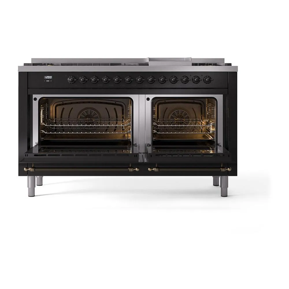 Ilve UN60FNMPBKB Ilve Un60Fnmpbkb Nostalgie Ii Noblesse 60" Dual Fuel Range (9 Sealed Burners   Griddle, Natural Gas, Triple Glass Door, Glossy Black, Burnished)