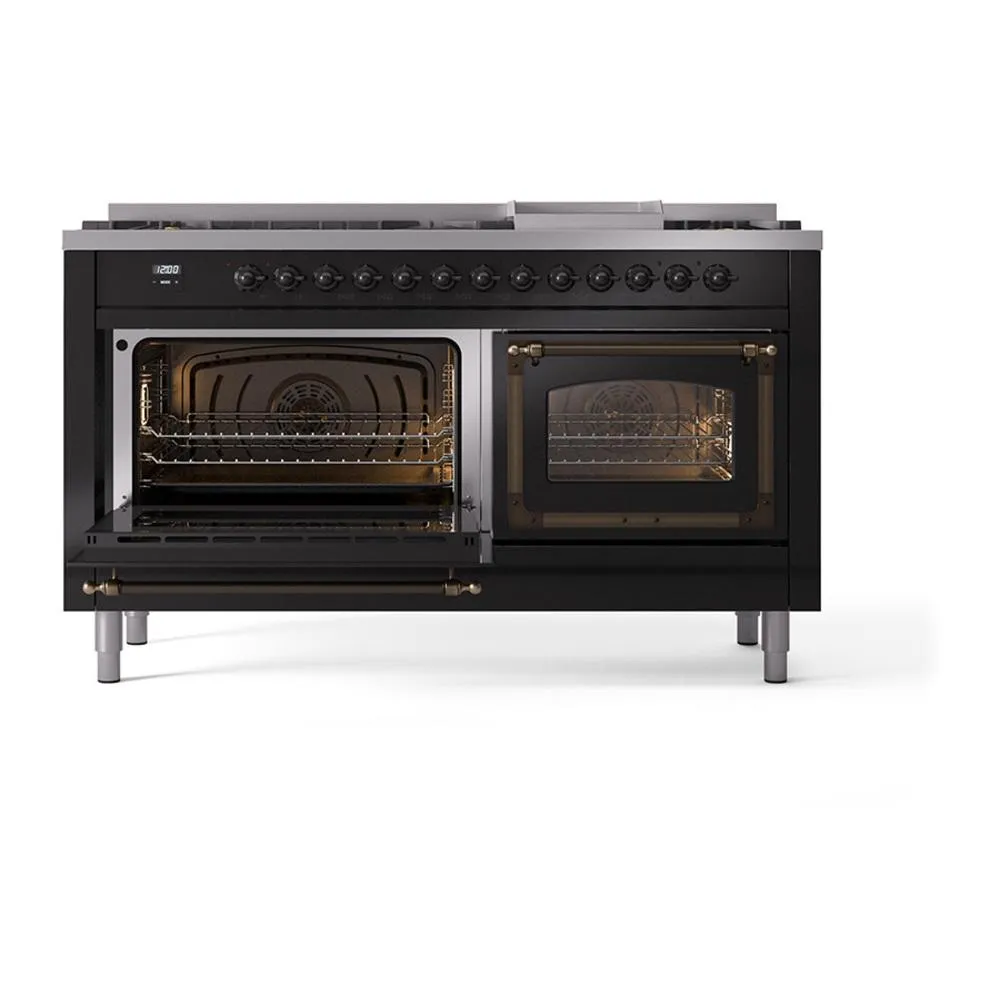 Ilve UN60FNMPBKB Ilve Un60Fnmpbkb Nostalgie Ii Noblesse 60" Dual Fuel Range (9 Sealed Burners   Griddle, Natural Gas, Triple Glass Door, Glossy Black, Burnished)