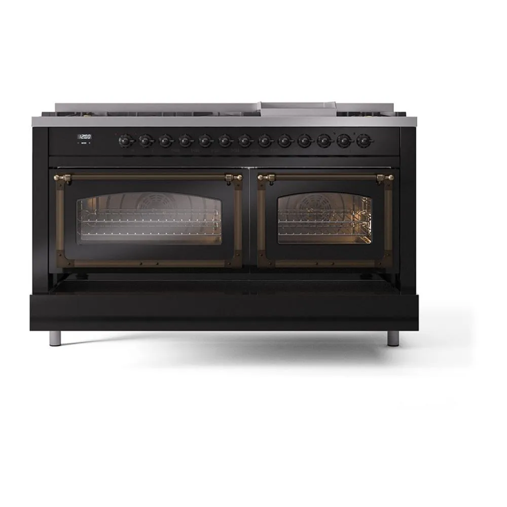 Ilve UN60FNMPBKB Ilve Un60Fnmpbkb Nostalgie Ii Noblesse 60" Dual Fuel Range (9 Sealed Burners   Griddle, Natural Gas, Triple Glass Door, Glossy Black, Burnished)
