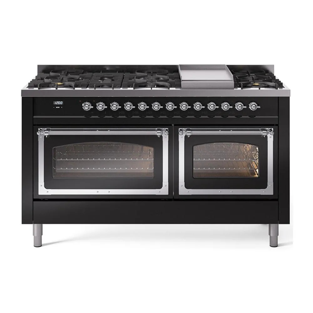 Ilve UN60FNMPBKC Ilve Un60Fnmpbkc Nostalgie Ii Noblesse 60" Dual Fuel Range (9 Sealed Burners   Griddle, Natural Gas, Triple Glass Door, Glossy Black, Chrome) Professional Ranges dual fuel professional range 36 inch