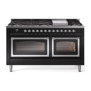Ilve UN60FNMPBKC Ilve Un60Fnmpbkc Nostalgie Ii Noblesse 60" Dual Fuel Range (9 Sealed Burners   Griddle, Natural Gas, Triple Glass Door, Glossy Black, Chrome) Professional Ranges dual fuel professional range 36 inch