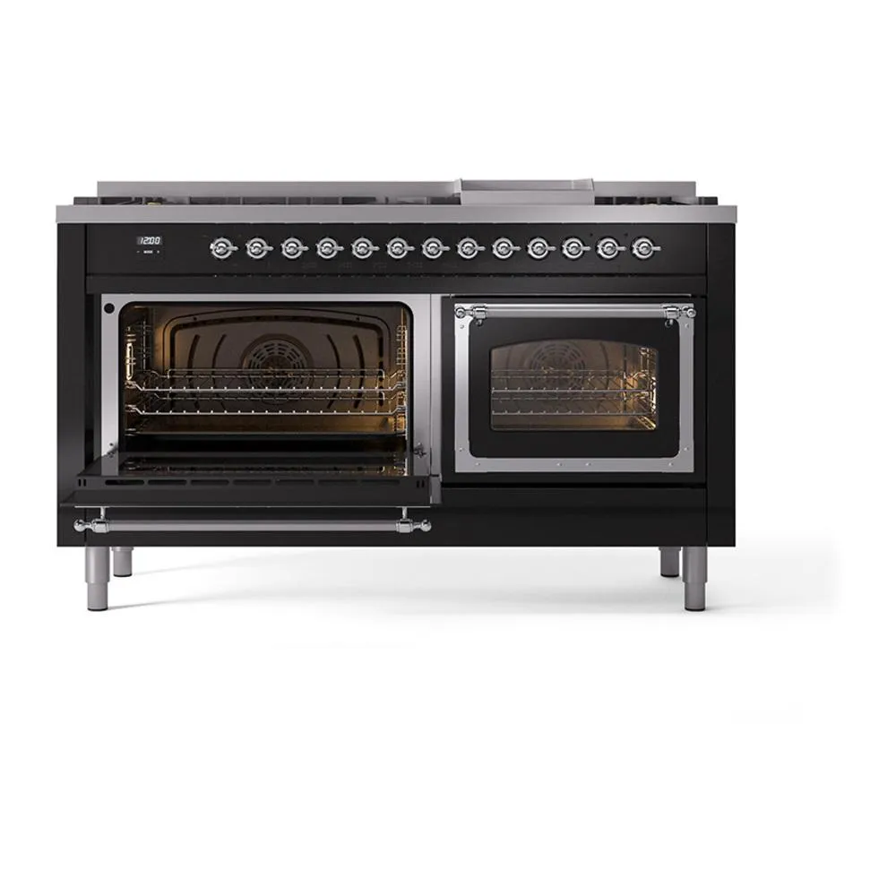 Ilve UN60FNMPBKC Ilve Un60Fnmpbkc Nostalgie Ii Noblesse 60" Dual Fuel Range (9 Sealed Burners   Griddle, Natural Gas, Triple Glass Door, Glossy Black, Chrome)