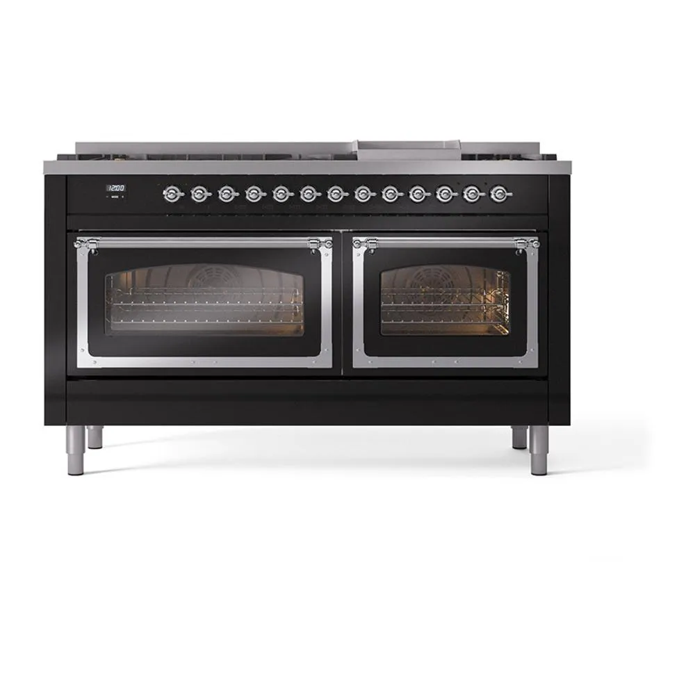 Ilve UN60FNMPBKC Ilve Un60Fnmpbkc Nostalgie Ii Noblesse 60" Dual Fuel Range (9 Sealed Burners   Griddle, Natural Gas, Triple Glass Door, Glossy Black, Chrome)
