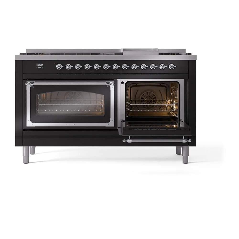 Ilve UN60FNMPBKC Ilve Un60Fnmpbkc Nostalgie Ii Noblesse 60" Dual Fuel Range (9 Sealed Burners   Griddle, Natural Gas, Triple Glass Door, Glossy Black, Chrome)