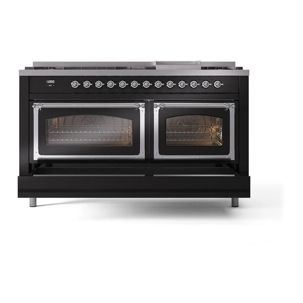 Ilve UN60FNMPBKC Ilve Un60Fnmpbkc Nostalgie Ii Noblesse 60" Dual Fuel Range (9 Sealed Burners   Griddle, Natural Gas, Triple Glass Door, Glossy Black, Chrome)