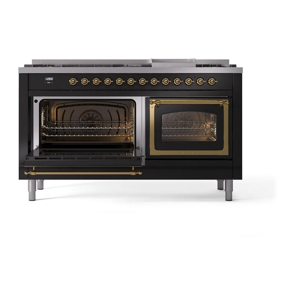 Ilve UN60FNMPBKGLP Ilve Un60Fnmpbkglp Nostalgie Ii Noblesse 60" Dual Fuel Range (9 Sealed Burners   Griddle, Liquid Propane, Triple Glass Door, Glossy Black, Brass)