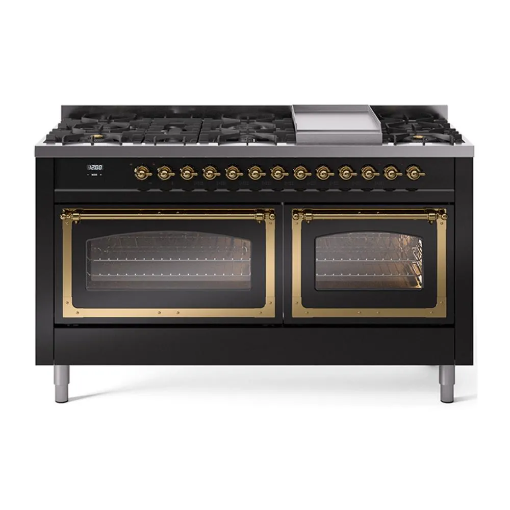 Ilve UN60FNMPBKGLP Ilve Un60Fnmpbkglp Nostalgie Ii Noblesse 60" Dual Fuel Range (9 Sealed Burners   Griddle, Liquid Propane, Triple Glass Door, Glossy Black, Brass) Professional Ranges dual fuel professional range 36 inch