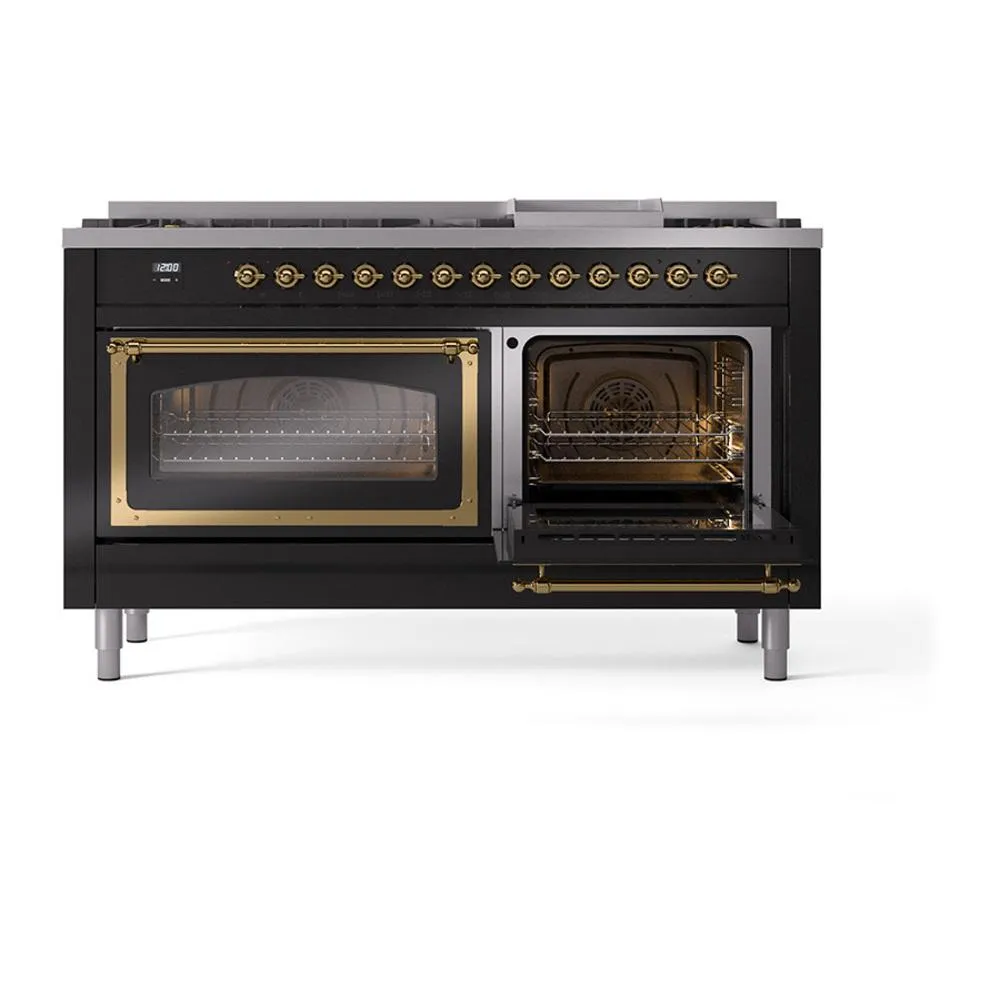 Ilve UN60FNMPBKGLP Ilve Un60Fnmpbkglp Nostalgie Ii Noblesse 60" Dual Fuel Range (9 Sealed Burners   Griddle, Liquid Propane, Triple Glass Door, Glossy Black, Brass)