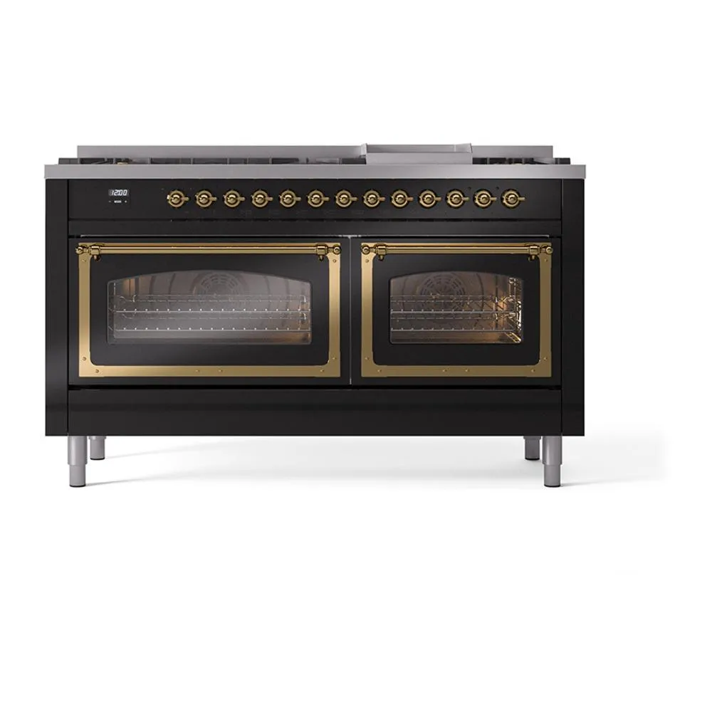 Ilve UN60FNMPBKGLP Ilve Un60Fnmpbkglp Nostalgie Ii Noblesse 60" Dual Fuel Range (9 Sealed Burners   Griddle, Liquid Propane, Triple Glass Door, Glossy Black, Brass)