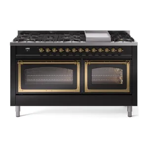 Ilve UN60FNMPBKGLP Ilve Un60Fnmpbkglp Nostalgie Ii Noblesse 60" Dual Fuel Range (9 Sealed Burners   Griddle, Liquid Propane, Triple Glass Door, Glossy Black, Brass) Professional Ranges dual fuel professional range 36 inch
