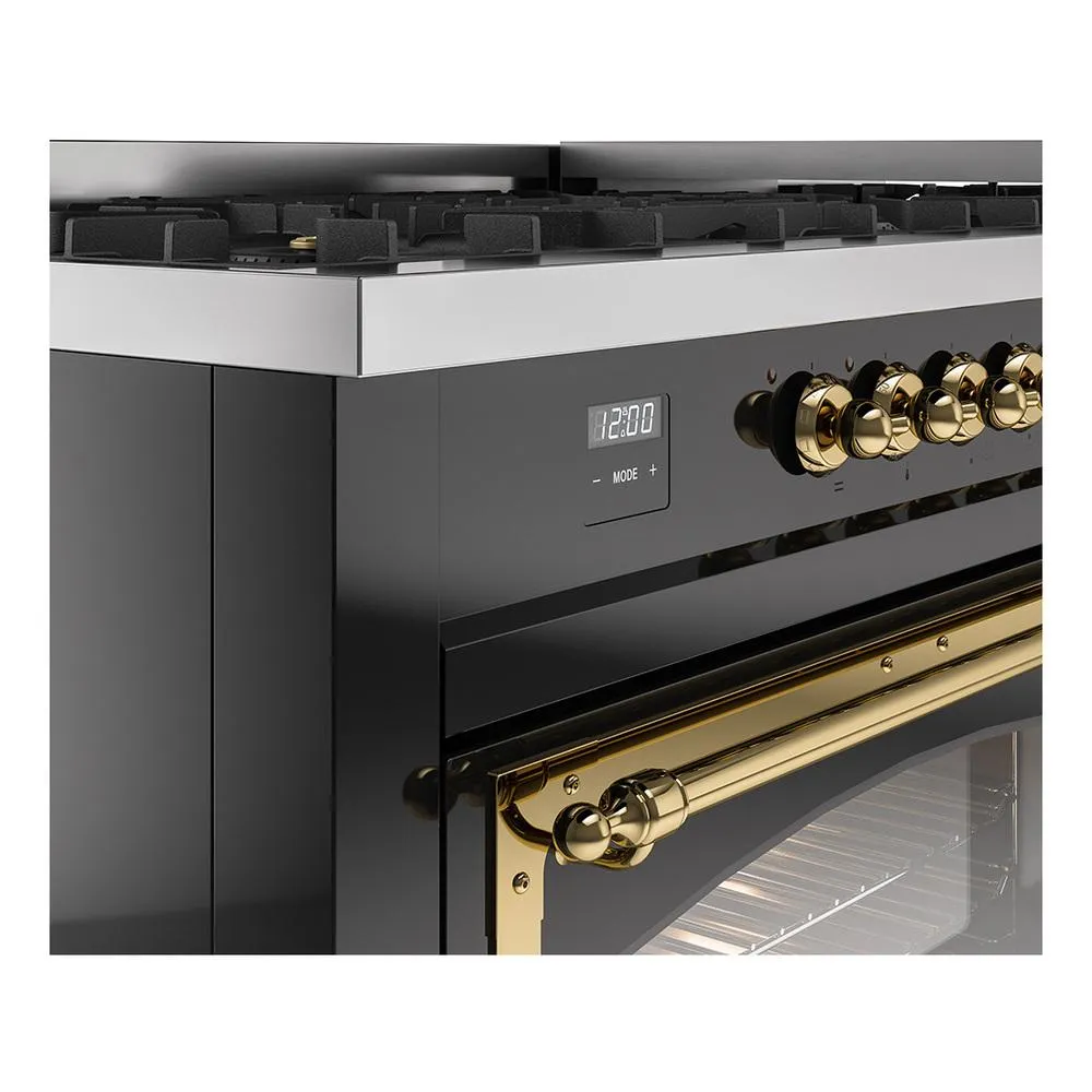 Ilve UN60FNMPBKGLP Ilve Un60Fnmpbkglp Nostalgie Ii Noblesse 60" Dual Fuel Range (9 Sealed Burners   Griddle, Liquid Propane, Triple Glass Door, Glossy Black, Brass)