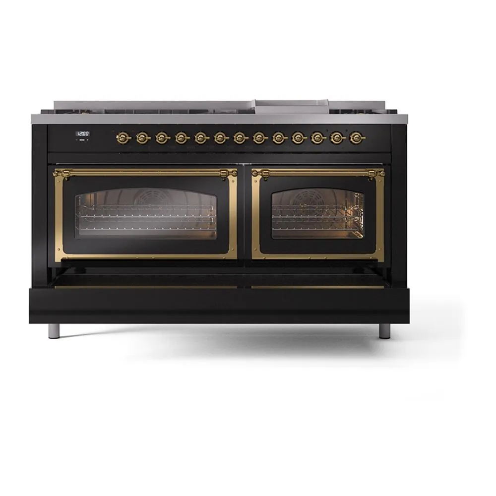 Ilve UN60FNMPBKGLP Ilve Un60Fnmpbkglp Nostalgie Ii Noblesse 60" Dual Fuel Range (9 Sealed Burners   Griddle, Liquid Propane, Triple Glass Door, Glossy Black, Brass)