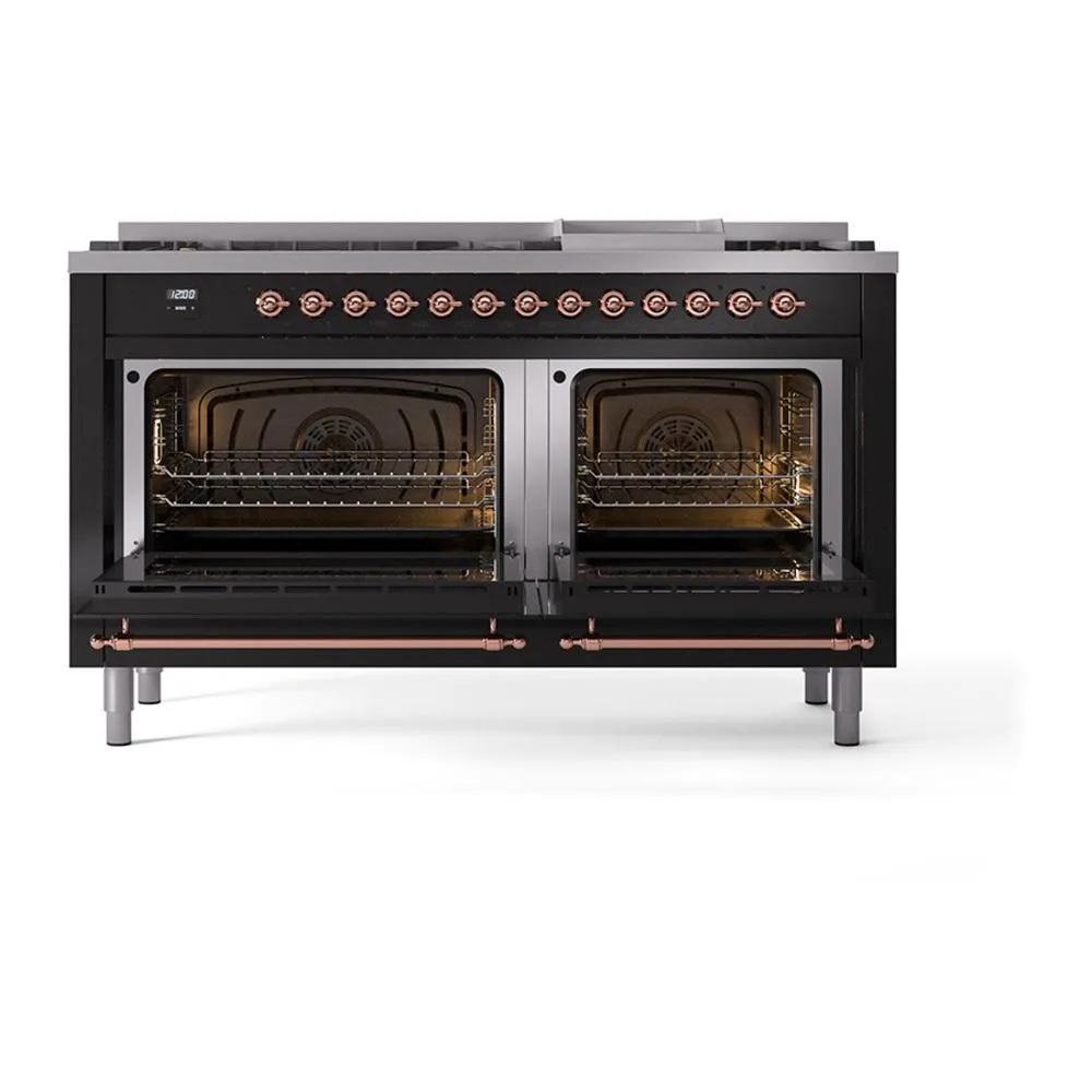 Ilve UN60FNMPBKP Ilve Un60Fnmpbkp Nostalgie Ii Noblesse 60" Dual Fuel Range (9 Sealed Burners   Griddle, Natural Gas, Triple Glass Door, Glossy Black, Copper)