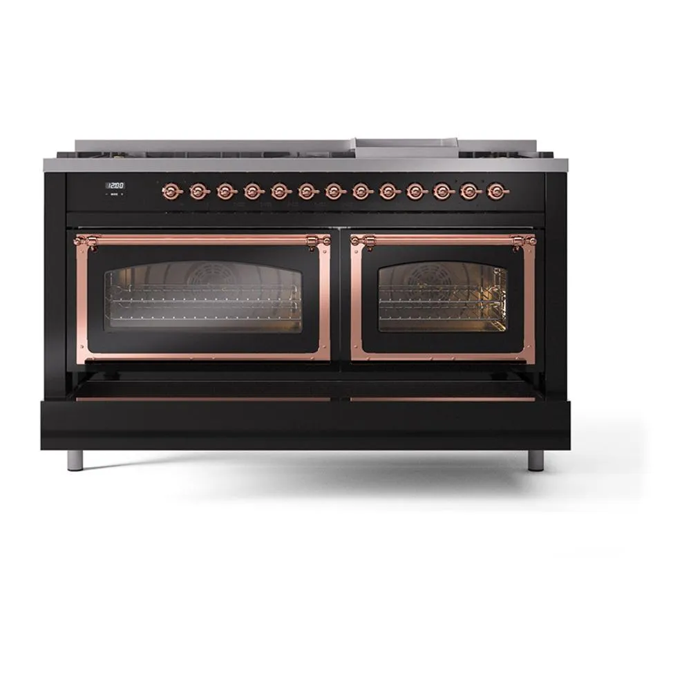 Ilve UN60FNMPBKP Ilve Un60Fnmpbkp Nostalgie Ii Noblesse 60" Dual Fuel Range (9 Sealed Burners   Griddle, Natural Gas, Triple Glass Door, Glossy Black, Copper)