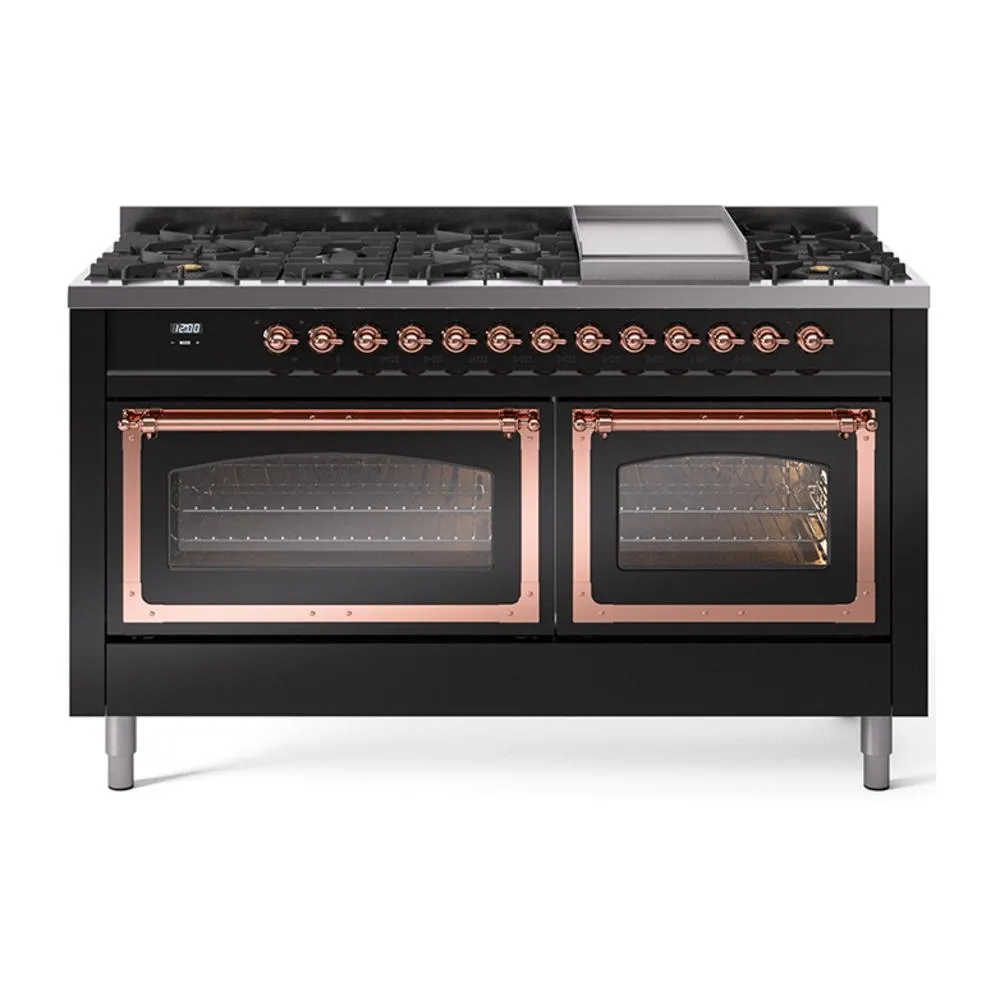 Ilve UN60FNMPBKP Ilve Un60Fnmpbkp Nostalgie Ii Noblesse 60" Dual Fuel Range (9 Sealed Burners   Griddle, Natural Gas, Triple Glass Door, Glossy Black, Copper) Professional Ranges dual fuel professional range 36 inch