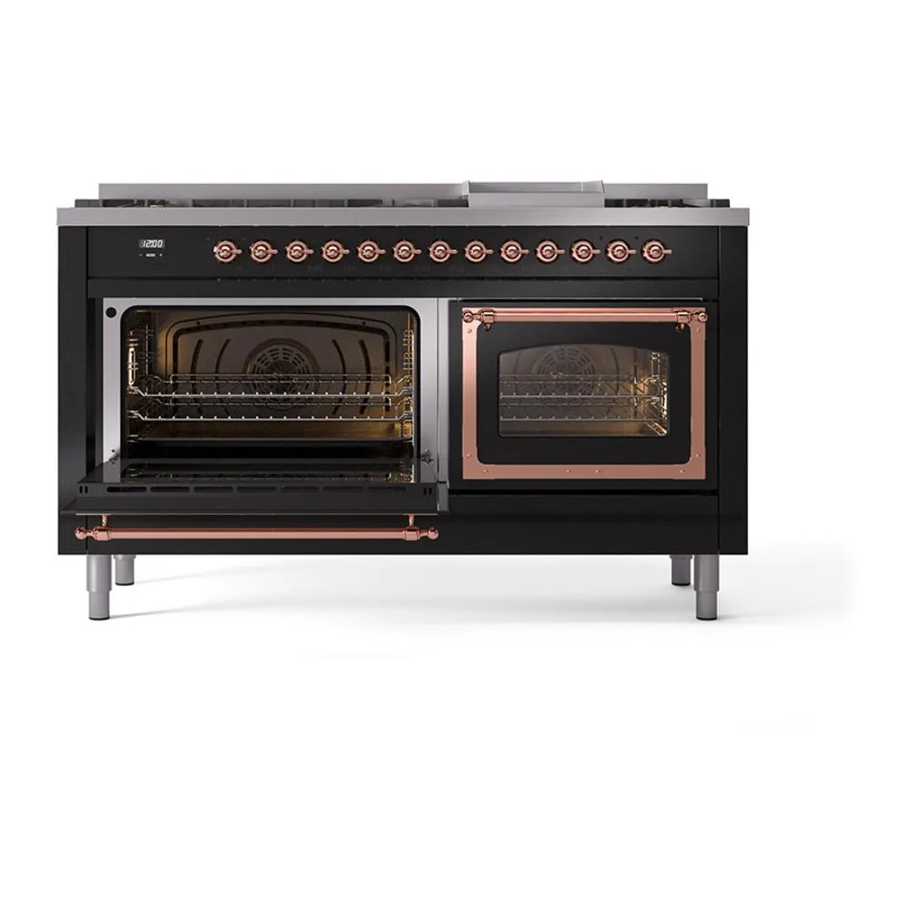 Ilve UN60FNMPBKP Ilve Un60Fnmpbkp Nostalgie Ii Noblesse 60" Dual Fuel Range (9 Sealed Burners   Griddle, Natural Gas, Triple Glass Door, Glossy Black, Copper)