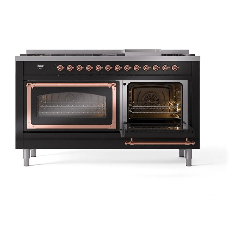 Ilve UN60FNMPBKP Ilve Un60Fnmpbkp Nostalgie Ii Noblesse 60" Dual Fuel Range (9 Sealed Burners   Griddle, Natural Gas, Triple Glass Door, Glossy Black, Copper)