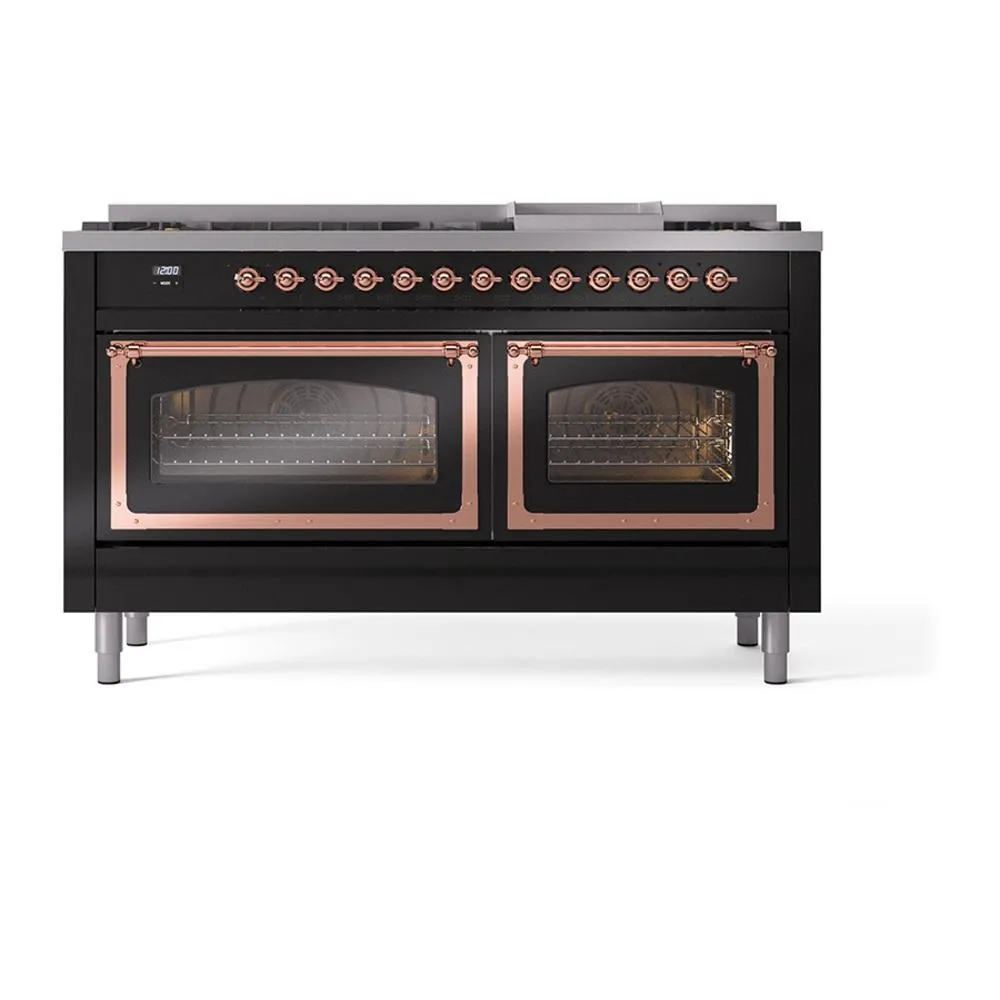 Ilve UN60FNMPBKP Ilve Un60Fnmpbkp Nostalgie Ii Noblesse 60" Dual Fuel Range (9 Sealed Burners   Griddle, Natural Gas, Triple Glass Door, Glossy Black, Copper)