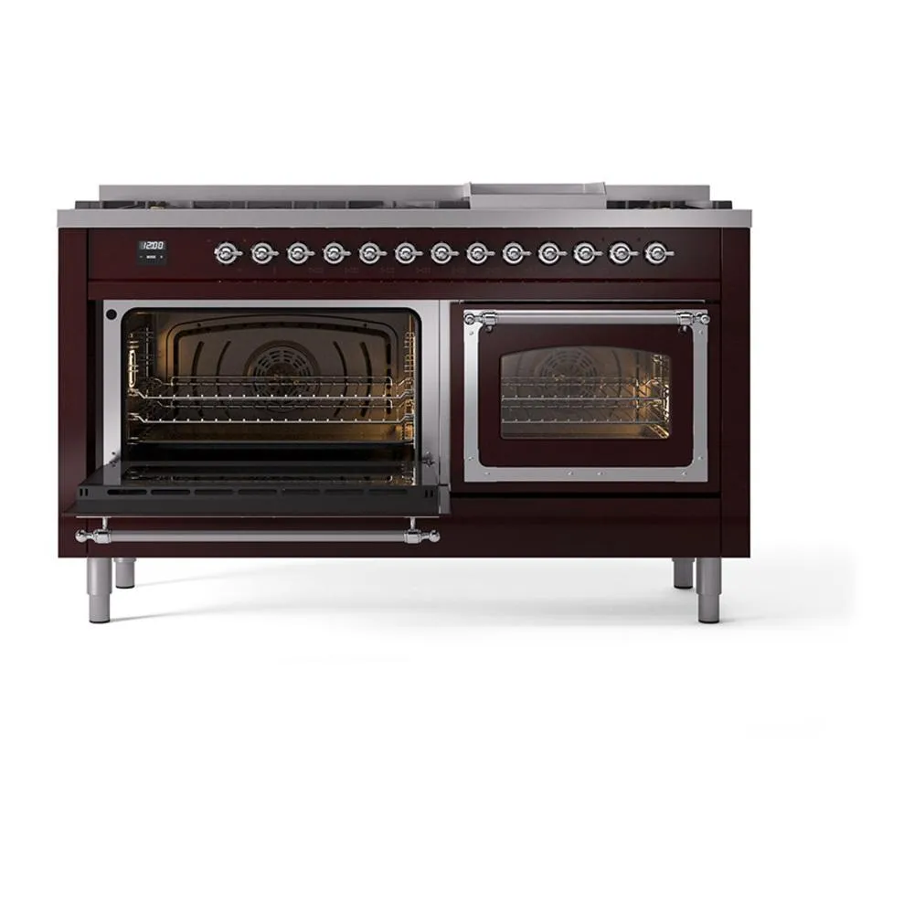 Ilve UN60FNMPBUC Ilve Un60Fnmpbuc Nostalgie Ii Noblesse 60" Dual Fuel Range (9 Sealed Burners   Griddle, Natural Gas, Triple Glass Door, Burgundy, Chrome)