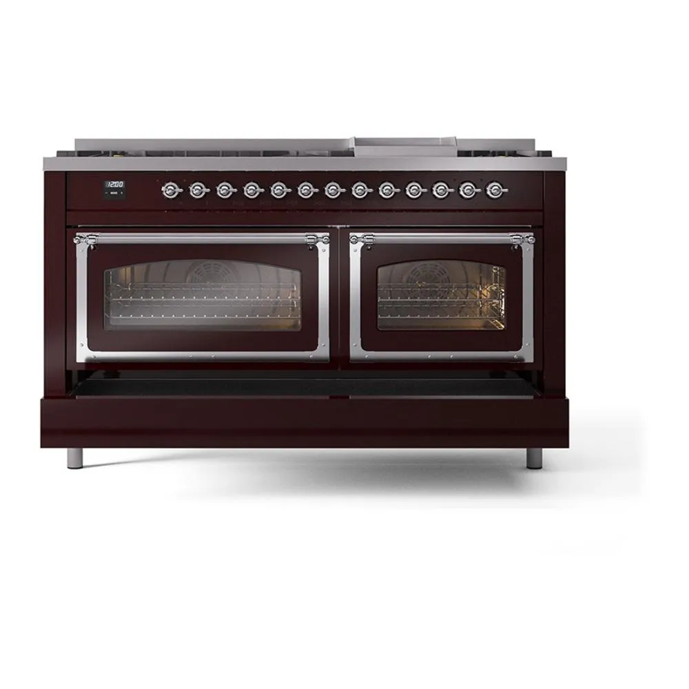 Ilve UN60FNMPBUC Ilve Un60Fnmpbuc Nostalgie Ii Noblesse 60" Dual Fuel Range (9 Sealed Burners   Griddle, Natural Gas, Triple Glass Door, Burgundy, Chrome)